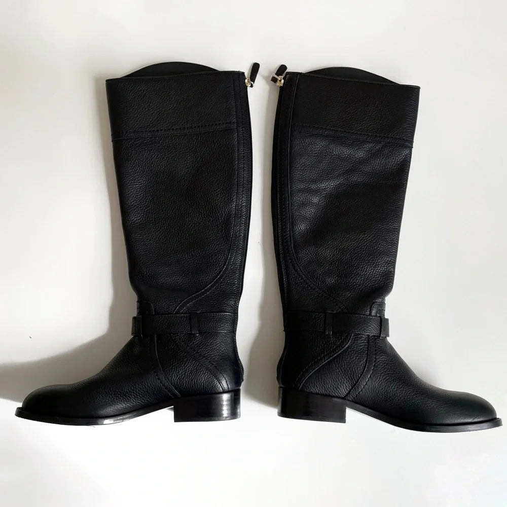 NEW Tory Burch Claire Riding Boots Pebble Leather Miller Logo Buckle Zip